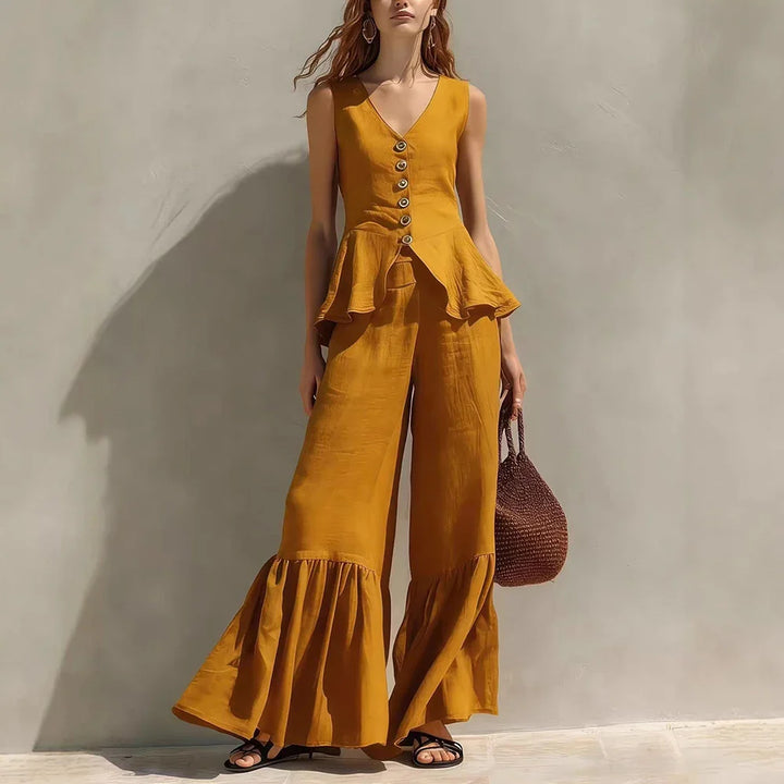 Sylvie Sleeveless Ruffle Trim Wide Leg Pants Set
