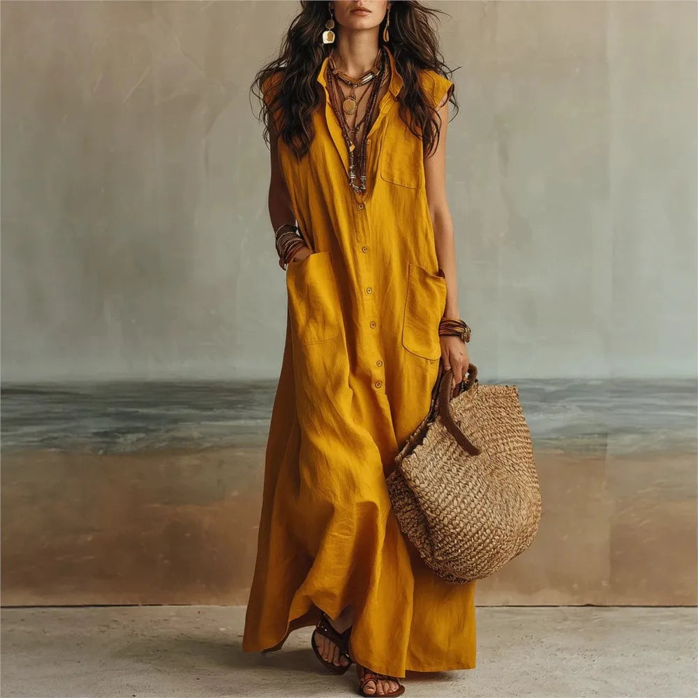 Keira Bohemian V Neck Casual Linen Maxi Dress