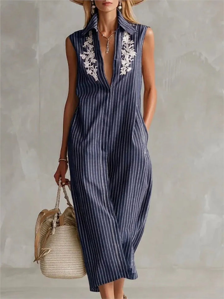 Magnolia Striped V Neck Midi Shirt Dress
