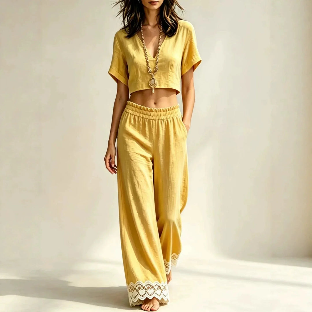 √ Cropped Top Lace Detail Pants Set
