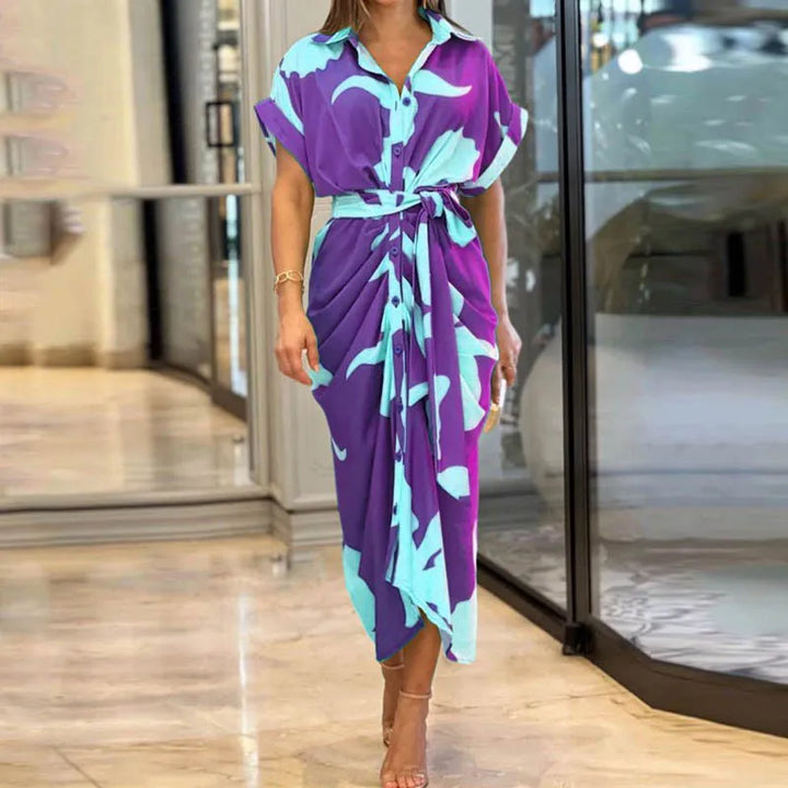 Dahlina Printed Tie Waist Shirt Midi Dress