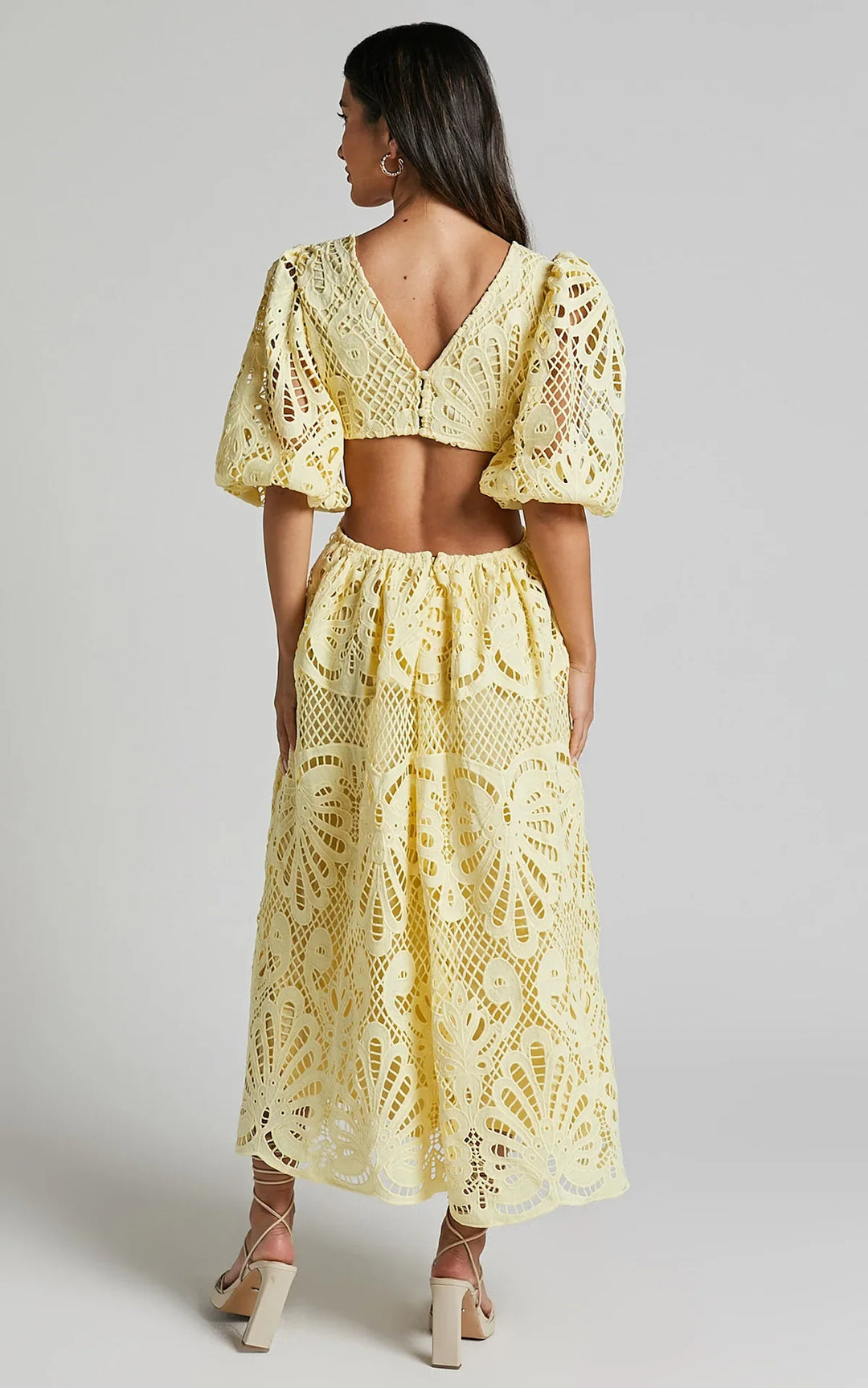 Oriana Puff Sleeve Embroidered Lace Midi Dress