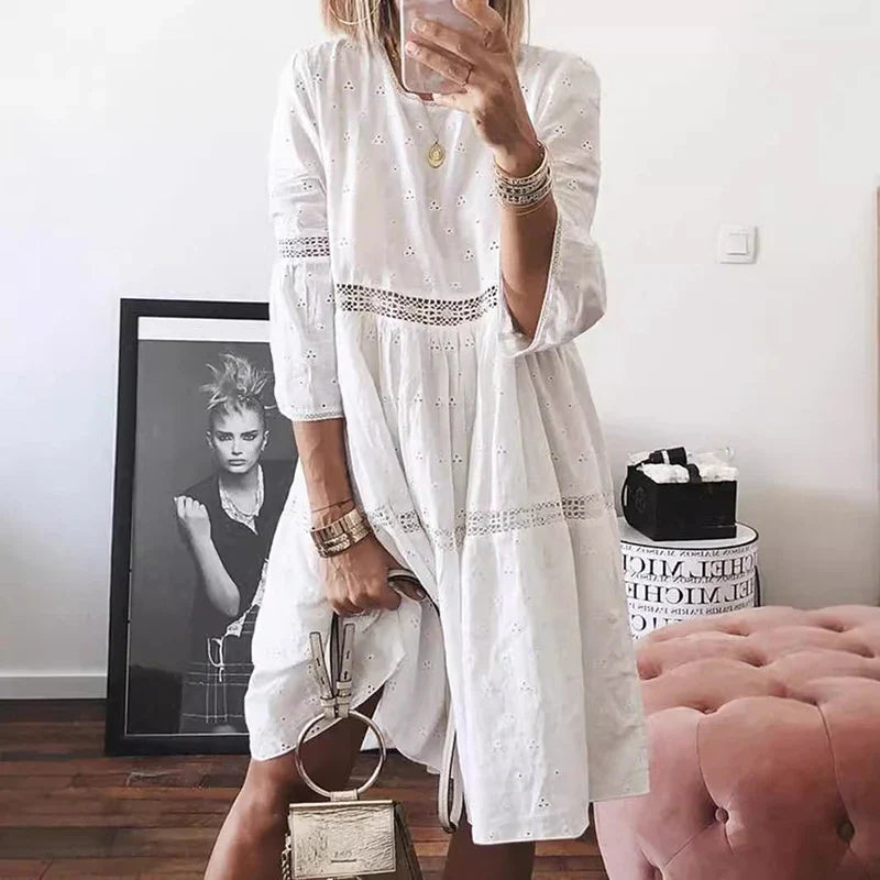 Elspeth Long Sleeve Lace Trim Midi Dress