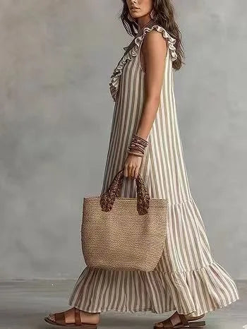 Elara Ruffle Striped Maxi Dress