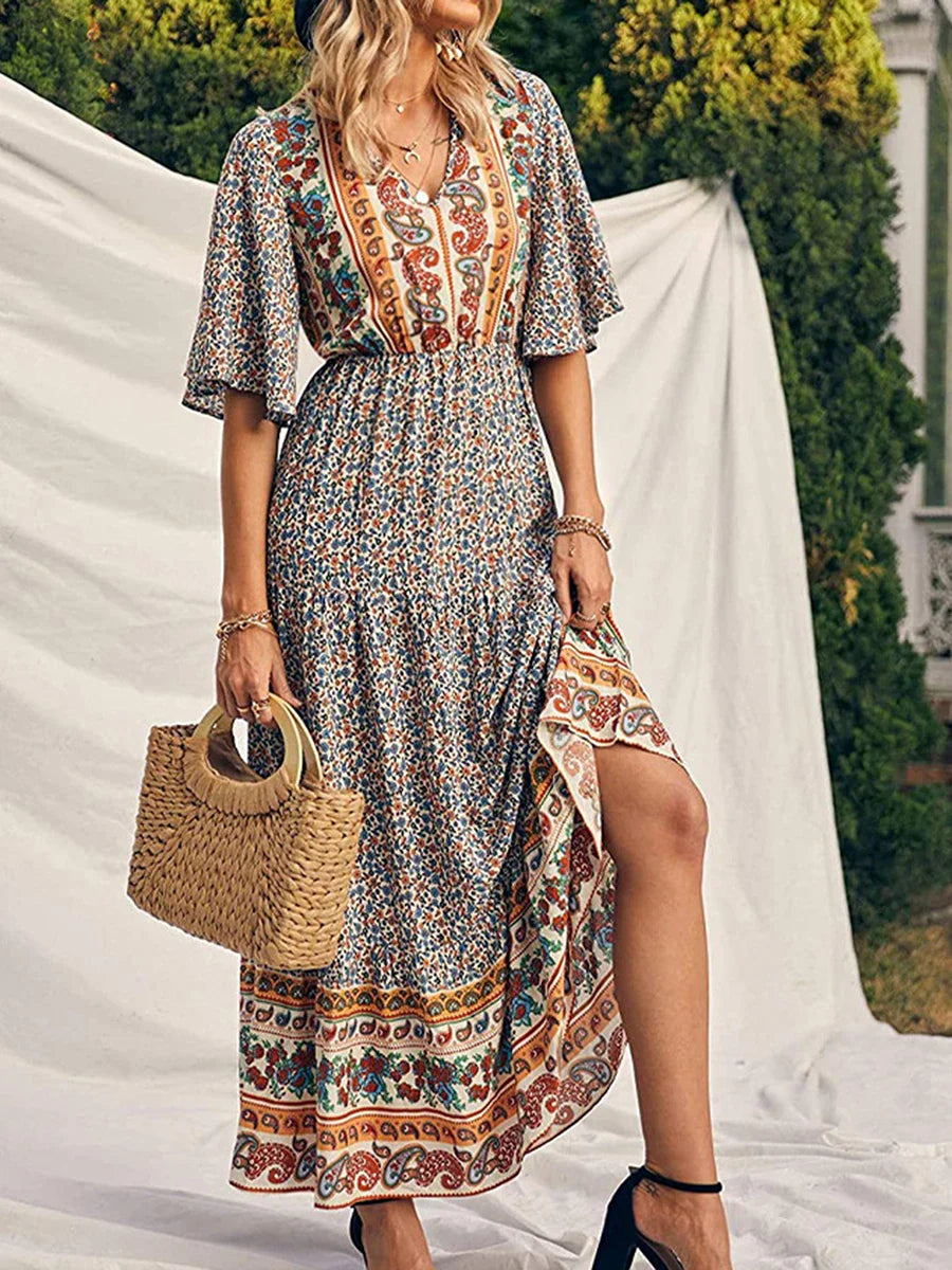 Ariadne Flowy Boho Print V Neck Maxi Dress