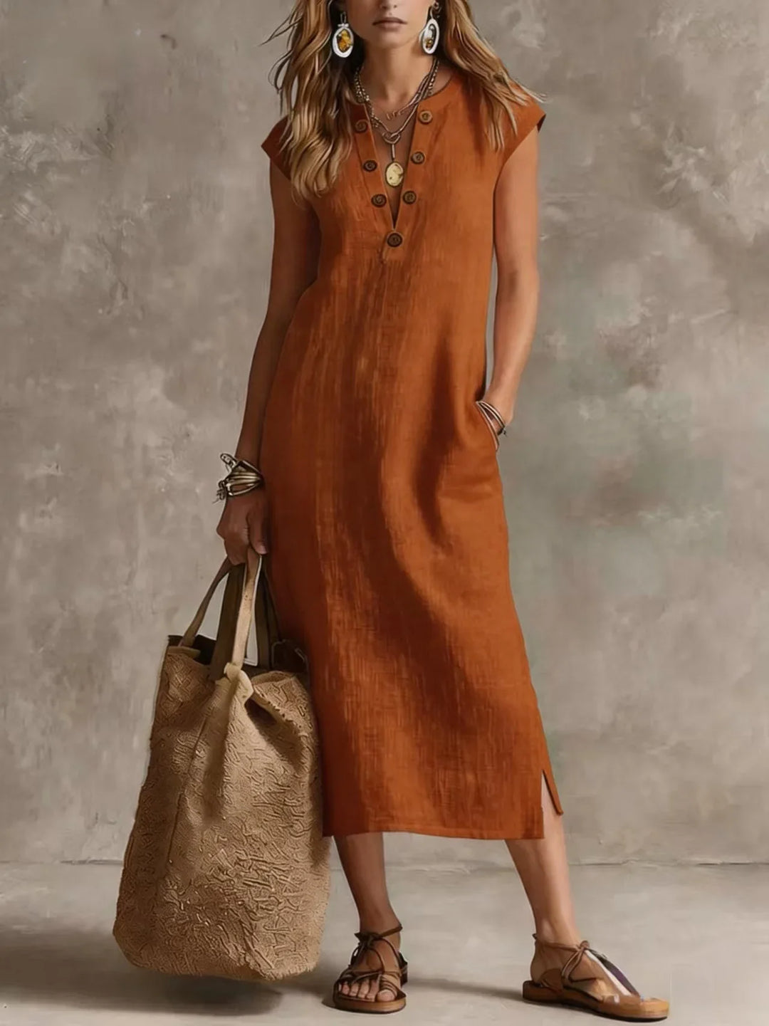 Sabine Relaxed V Neck Button Front Midi Dress