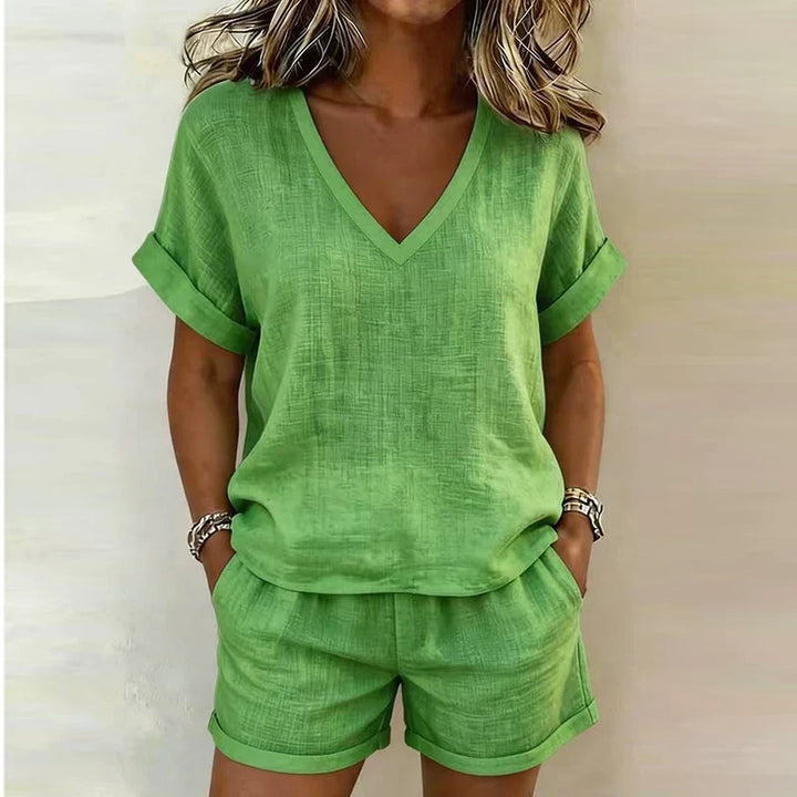 Elysia Casual Linen V Neck Shorts Set