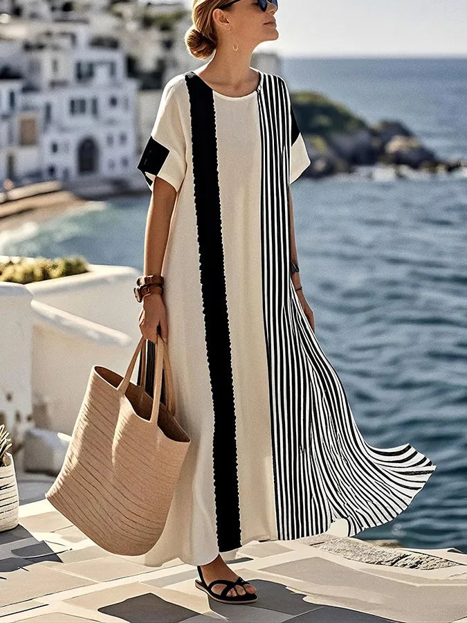 Lirielle Striped Short Sleeve Flowing Maxi Dress