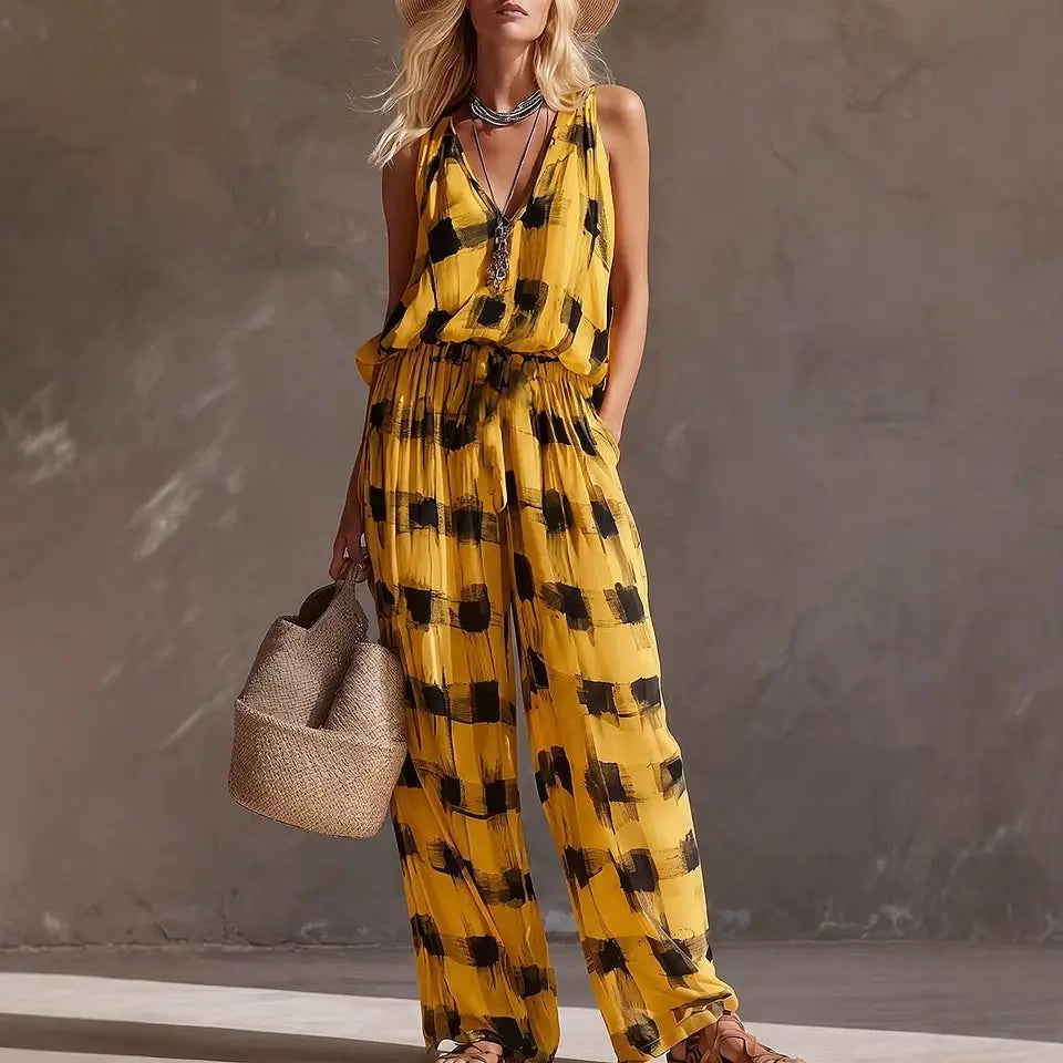Minerva Bohemian Abstract Print Wide Leg Pants Set