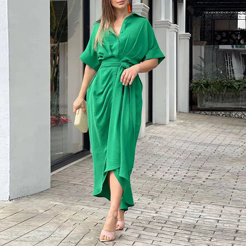 Dahlina Printed Tie Waist Shirt Midi Dress