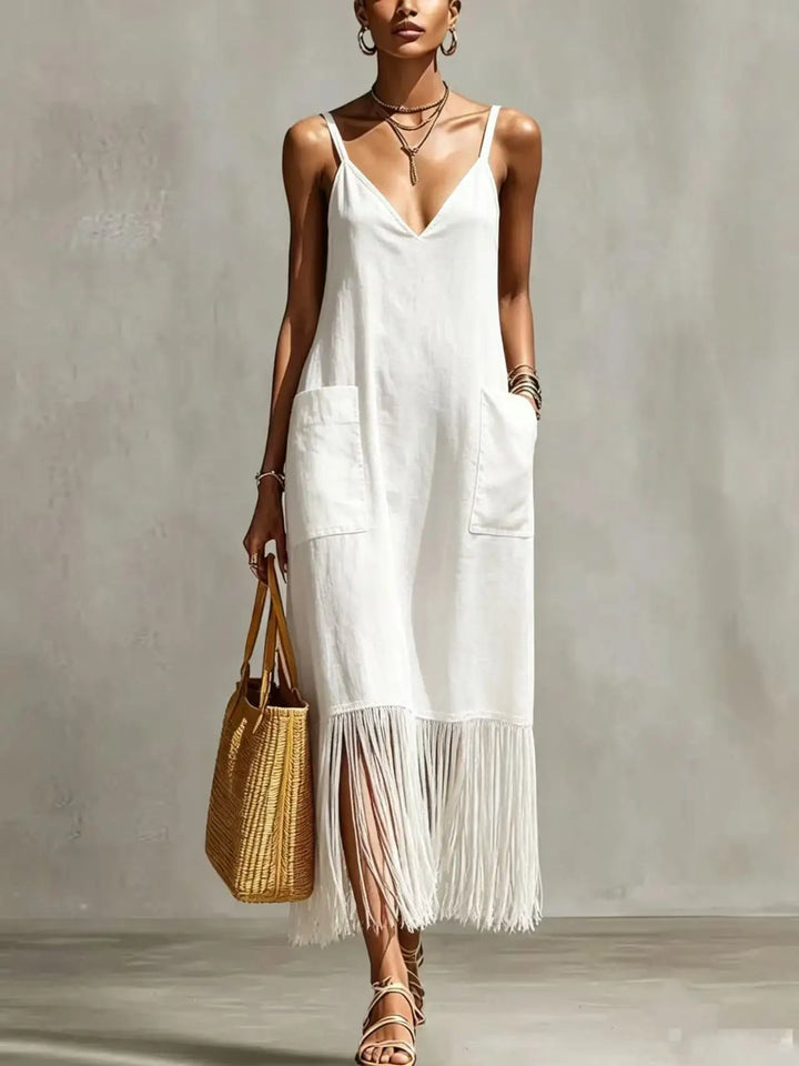 Sorelia Tassel Hem V Neck Midi Dress