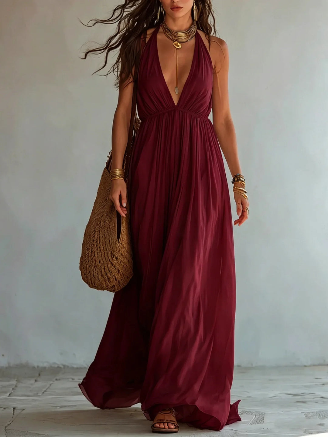 Elena Deep V Neck Maxi Dress