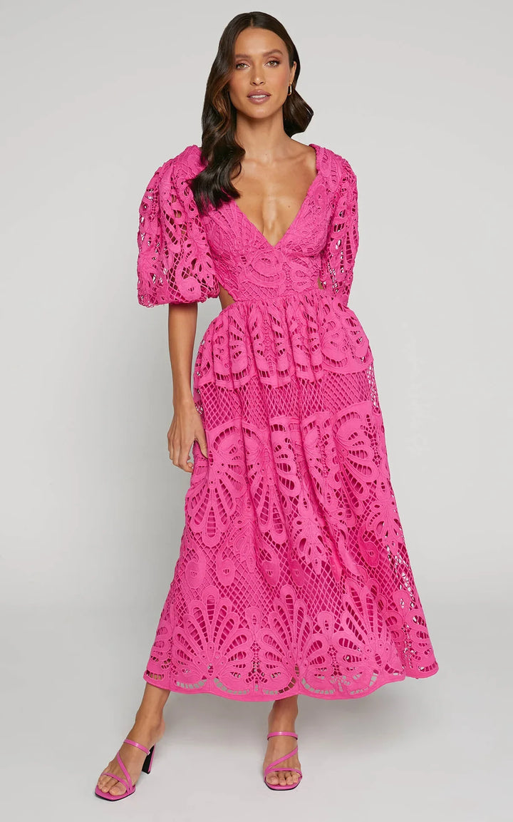 Oriana Puff Sleeve Embroidered Lace Midi Dress