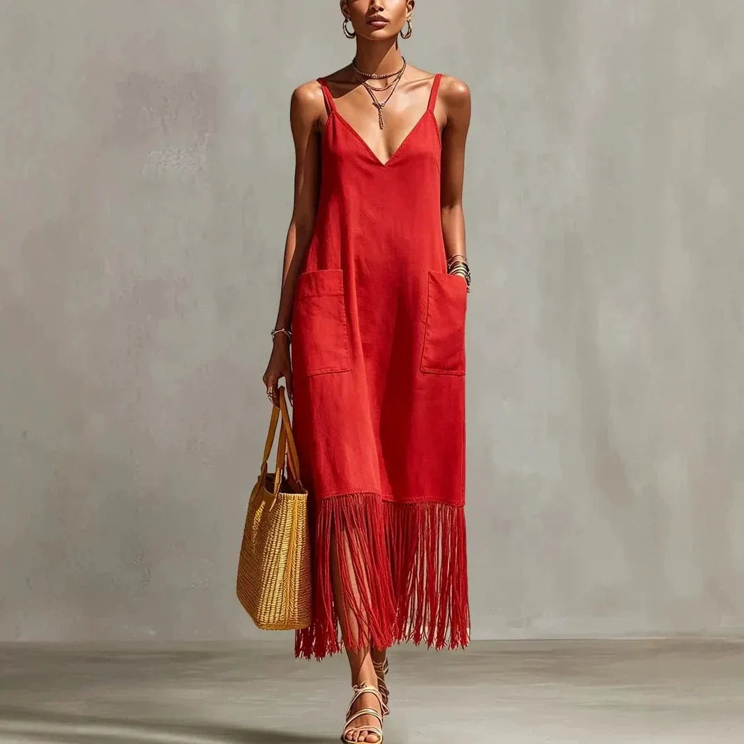 Sorelia Tassel Hem V Neck Midi Dress