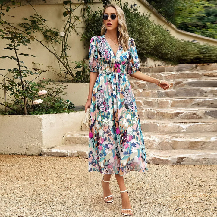 Evelina Floral V Neck Midi Dress