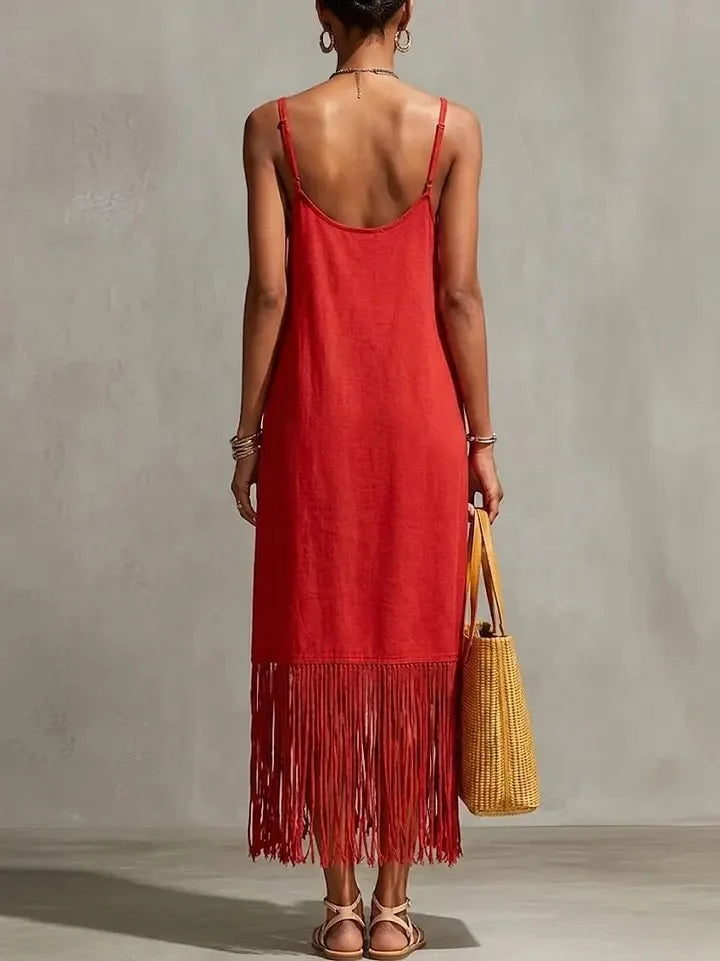 Sorelia Tassel Hem V Neck Midi Dress