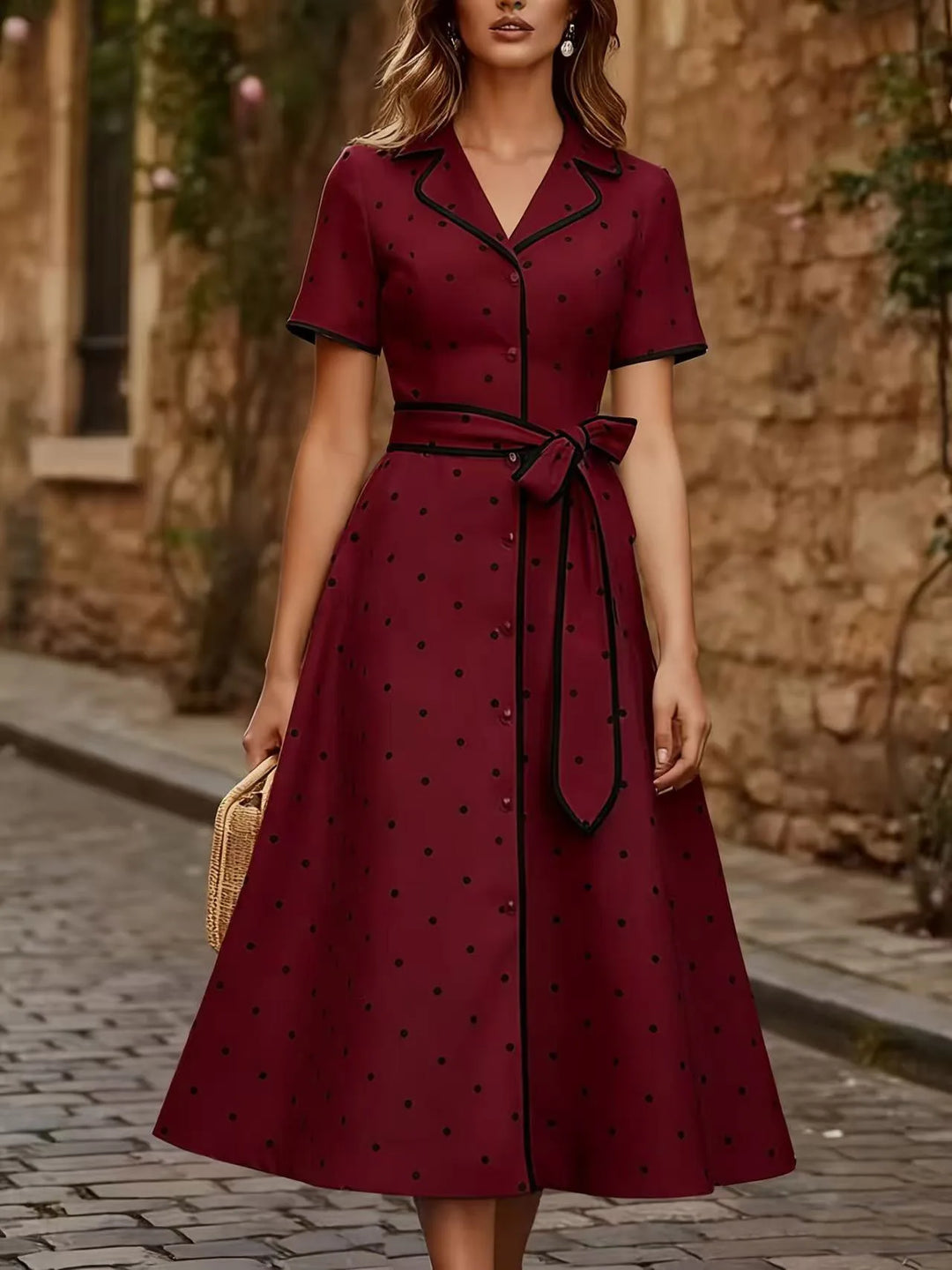Camellia Elegant French Polka Dot Midi Dress