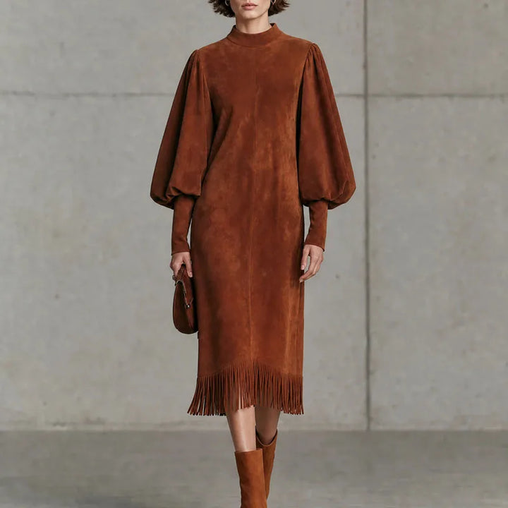 Zinnia Lantern Sleeve Fringe Dress