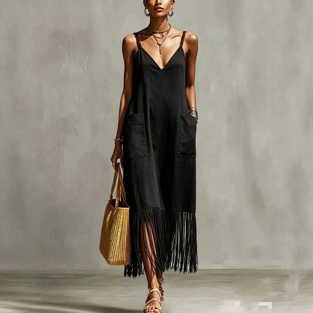Sorelia Tassel Hem V Neck Midi Dress