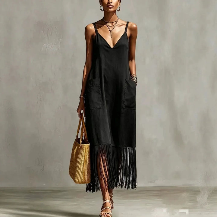 Sorelia Tassel Hem V Neck Midi Dress