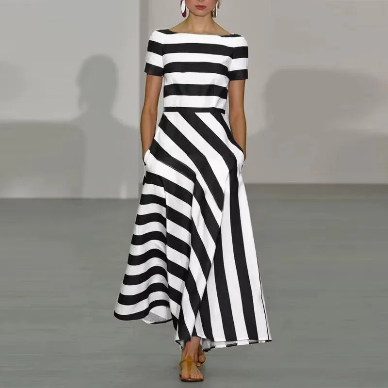 Paisley Striped Boat Neck Maxi Dress