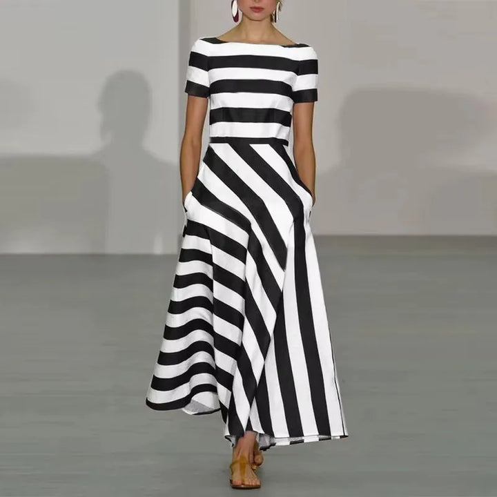 Paisley Striped Boat Neck Maxi Dress