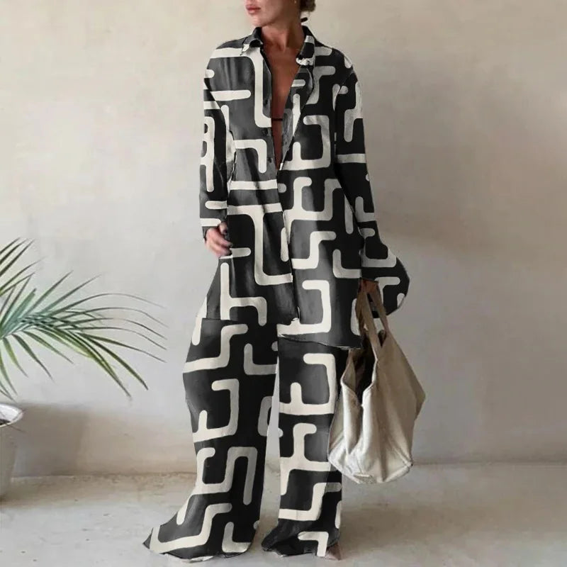 Floriane Geometric Print Long Sleeve Trouser Set