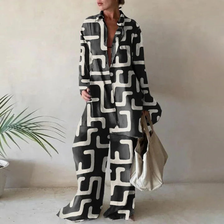 Floriane Geometric Print Long Sleeve Trouser Set