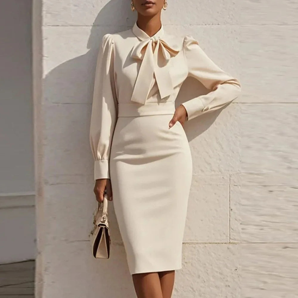 Orlena Elegant Tie Front Bodycon Midi Dress