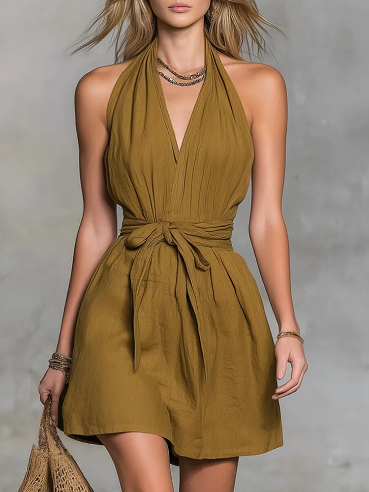 Katherine Drawstring Halter Mini Dress