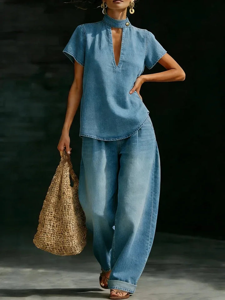 Neriah Casual Denim Style Wide Leg Outfit Set