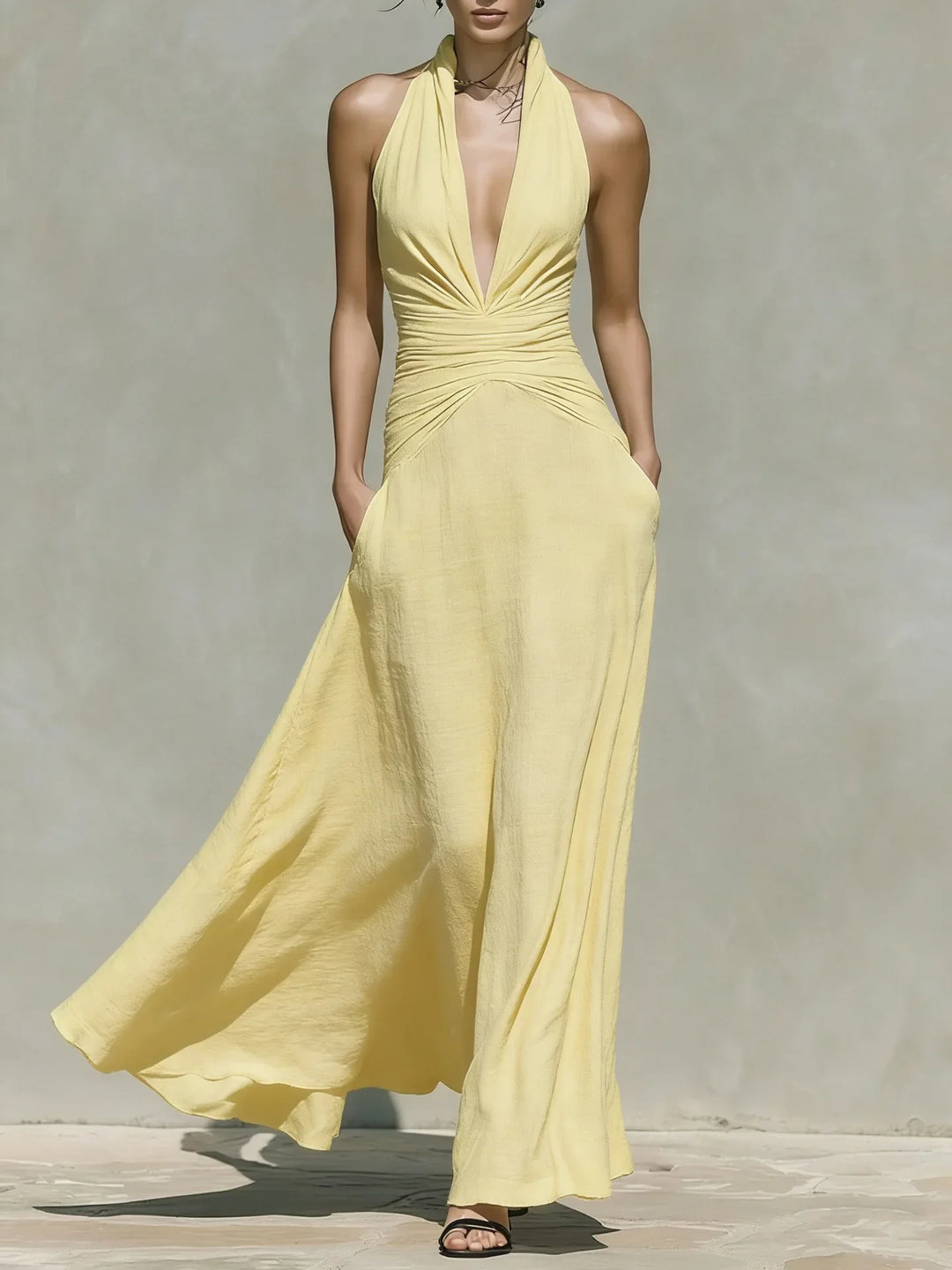 Amoura V Neck Sleeveless Ruched Bodycon Maxi Dress