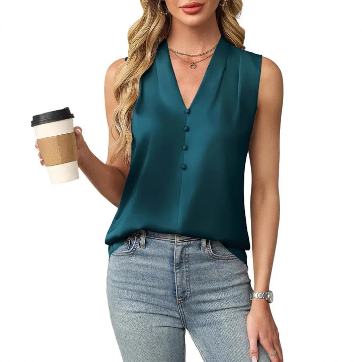 Celestia Sleeveless Satin V Neck Blouse