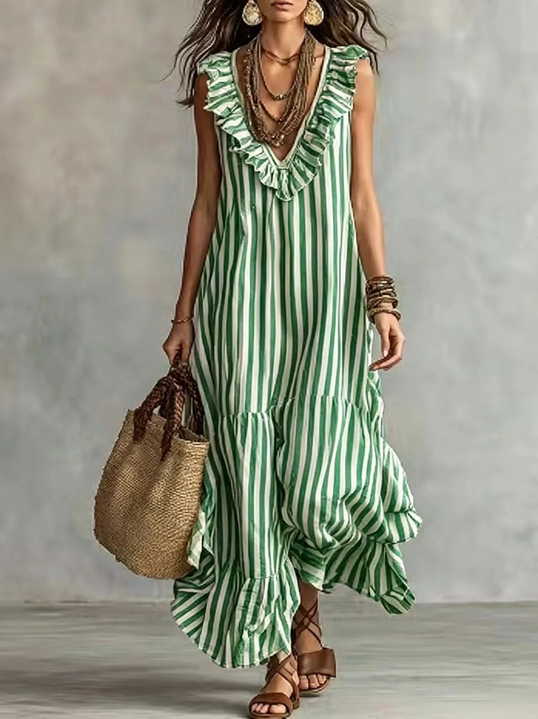 Elara Ruffle Striped Maxi Dress