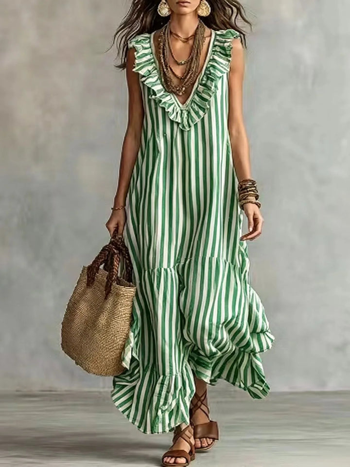 Elara Ruffle Striped Maxi Dress
