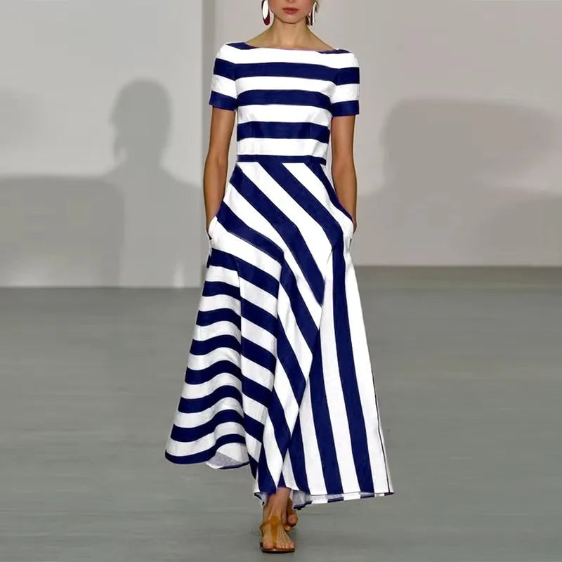 Paisley Striped Boat Neck Maxi Dress