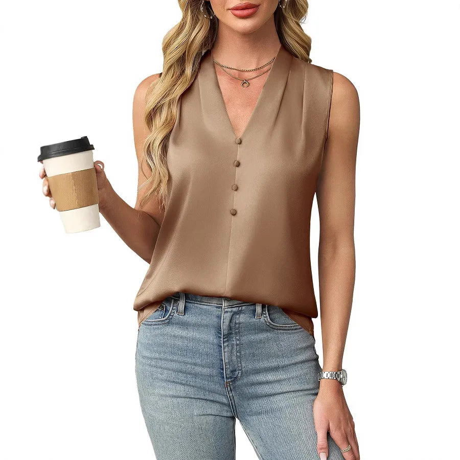 Celestia Sleeveless Satin V Neck Blouse