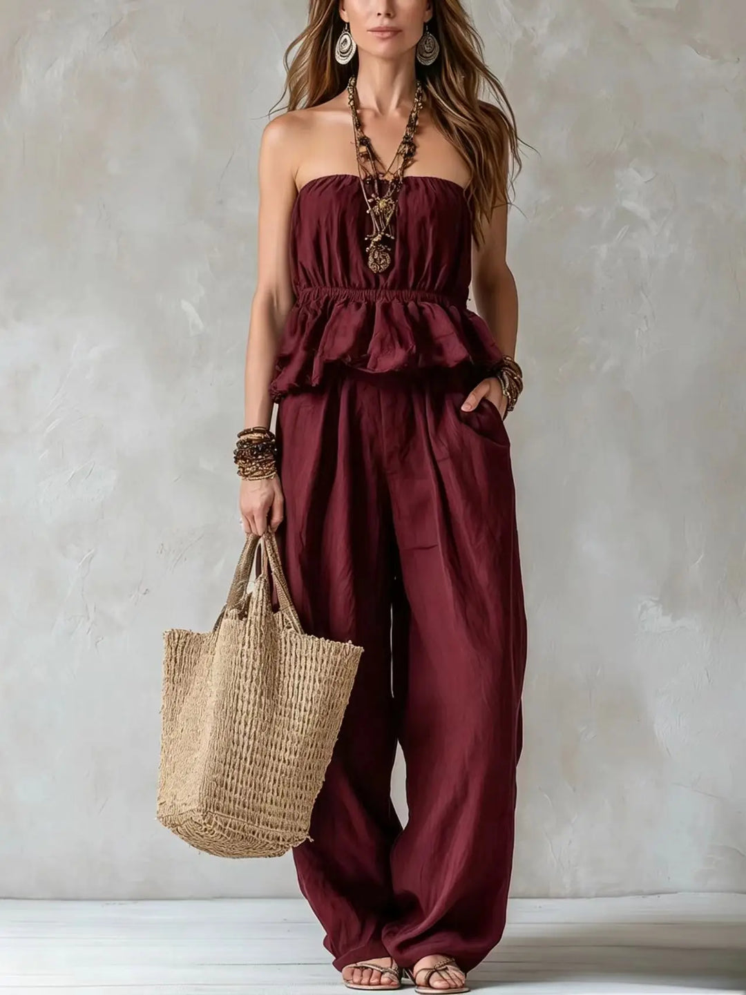Keona Strapless Ruffle Trouser Set