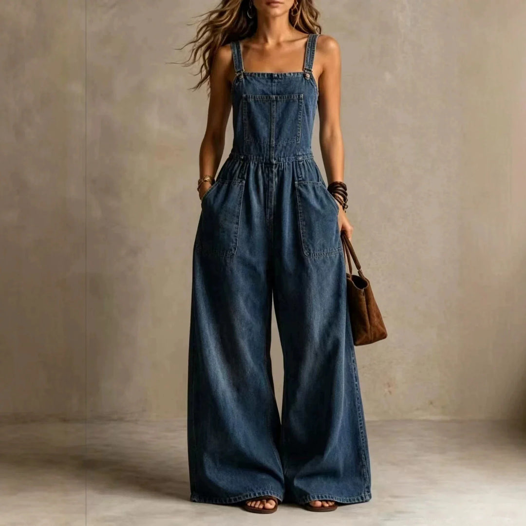 Stefania Wide Leg Denim Overall Jumpsuit