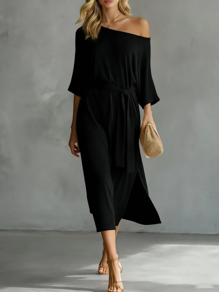 Evelienne Off Shoulder Waist Tie Midi Dress