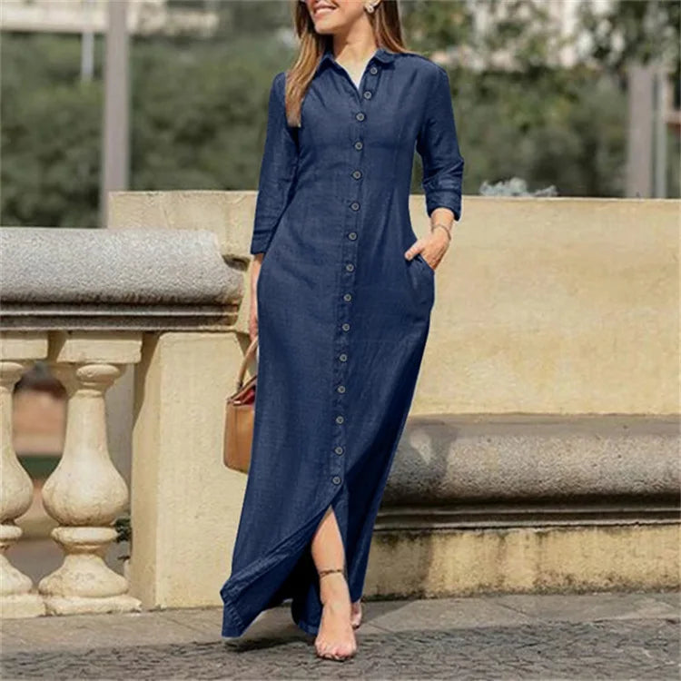 Queen Denim Maxi Shirt Dress