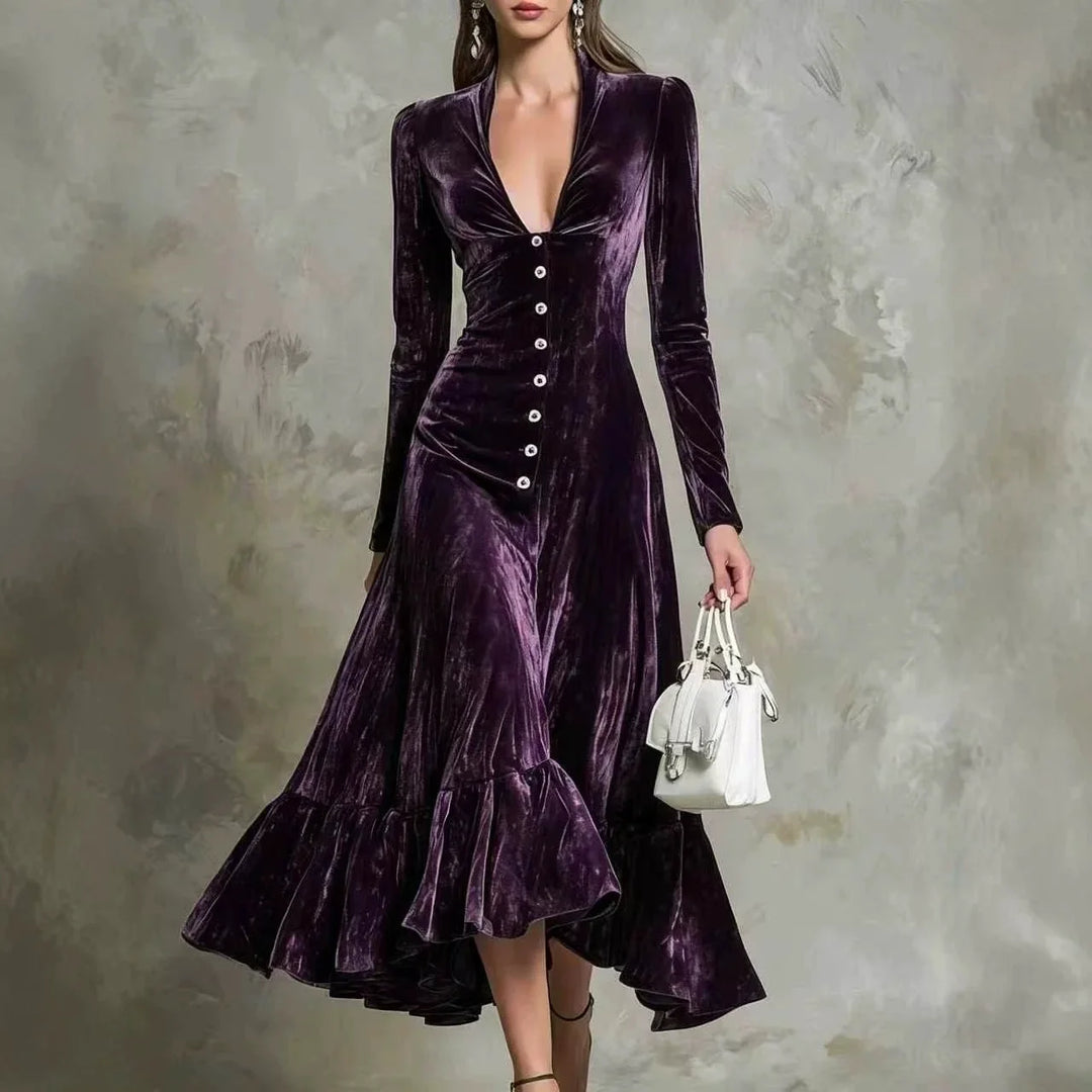 Marchetta Button Front Velvet Dress