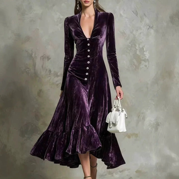 Marchetta Button Front Velvet Dress