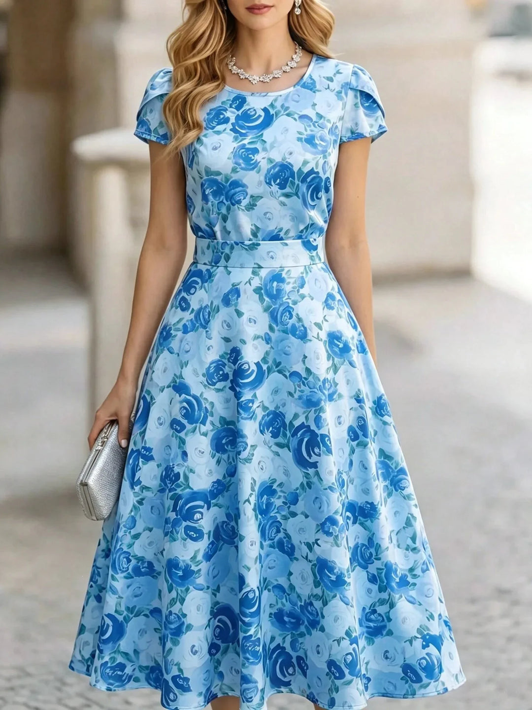 Isaline Elegant Floral Short Sleeve Midi Dress
