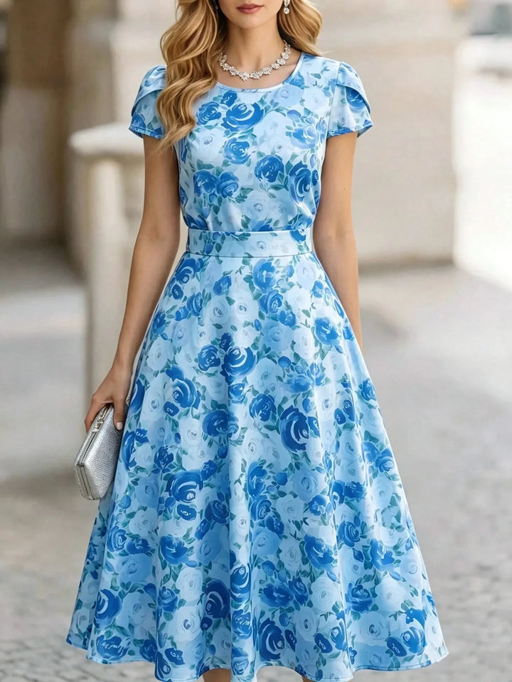 Isaline Elegant Floral Short Sleeve Midi Dress