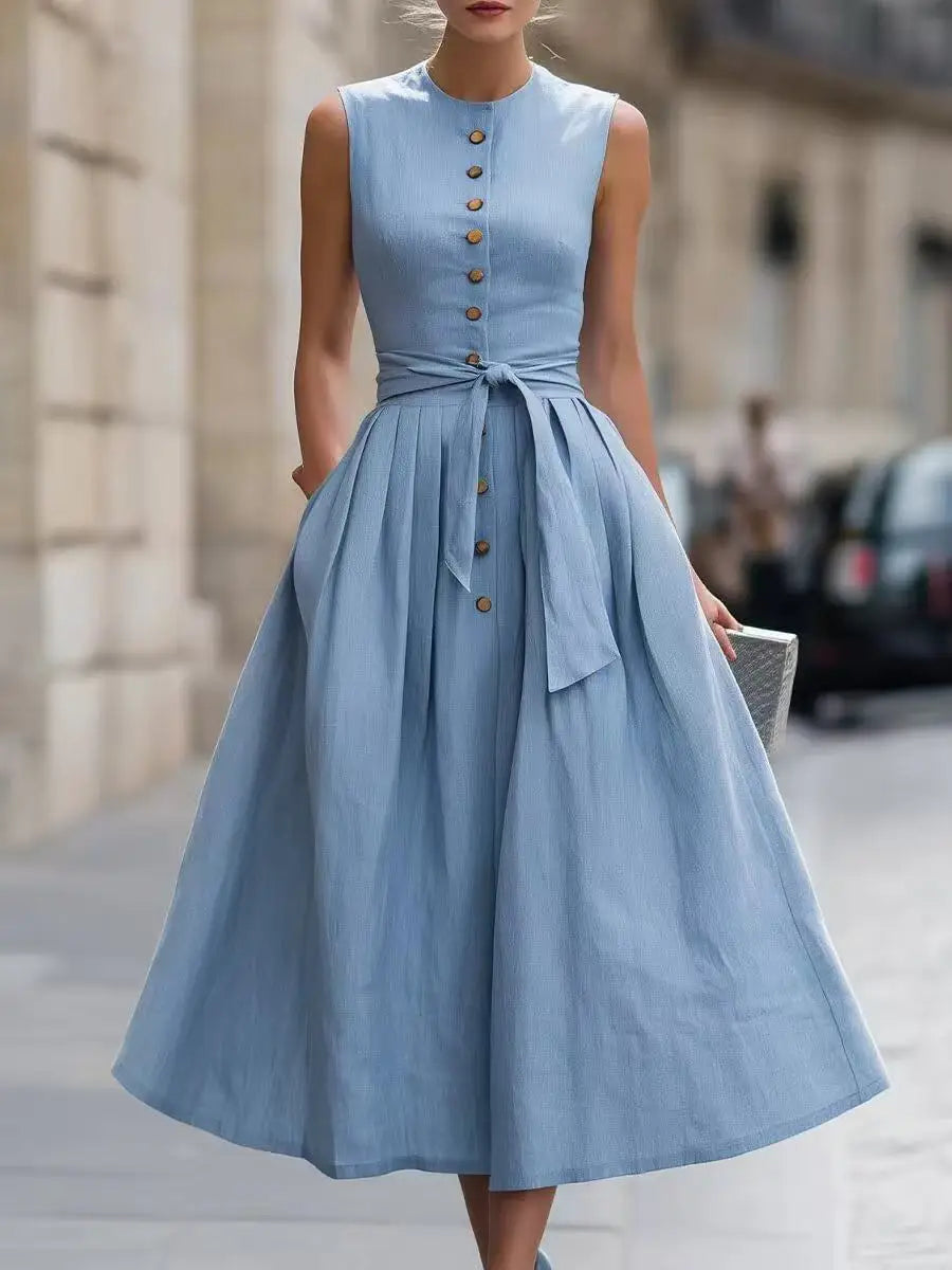 Nadira Elegant Tie Waist Linen Midi Dress