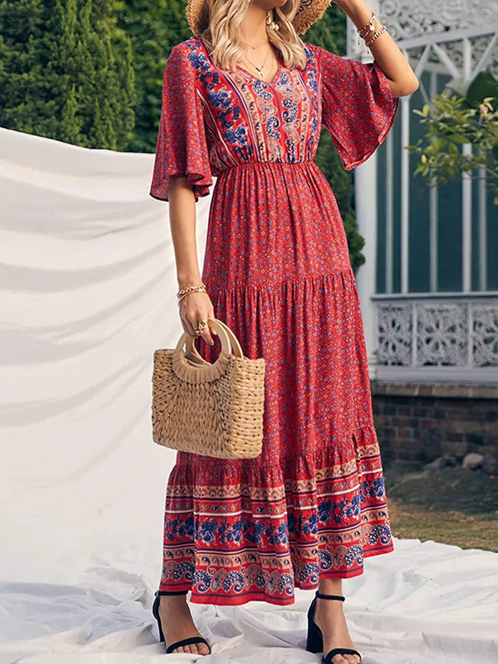 Ariadne Flowy Boho Print V Neck Maxi Dress