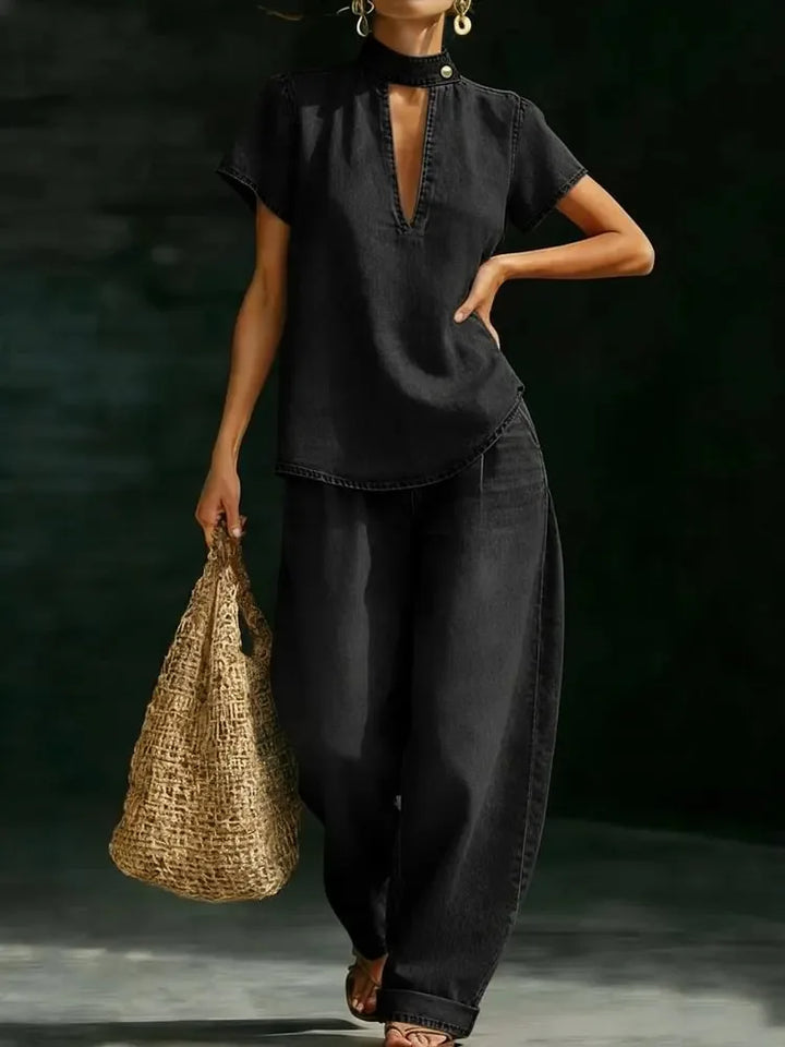 Neriah Casual Denim Style Wide Leg Outfit Set