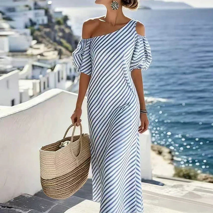 Lazara Bohemian Striped One Shoulder Maxi Dress