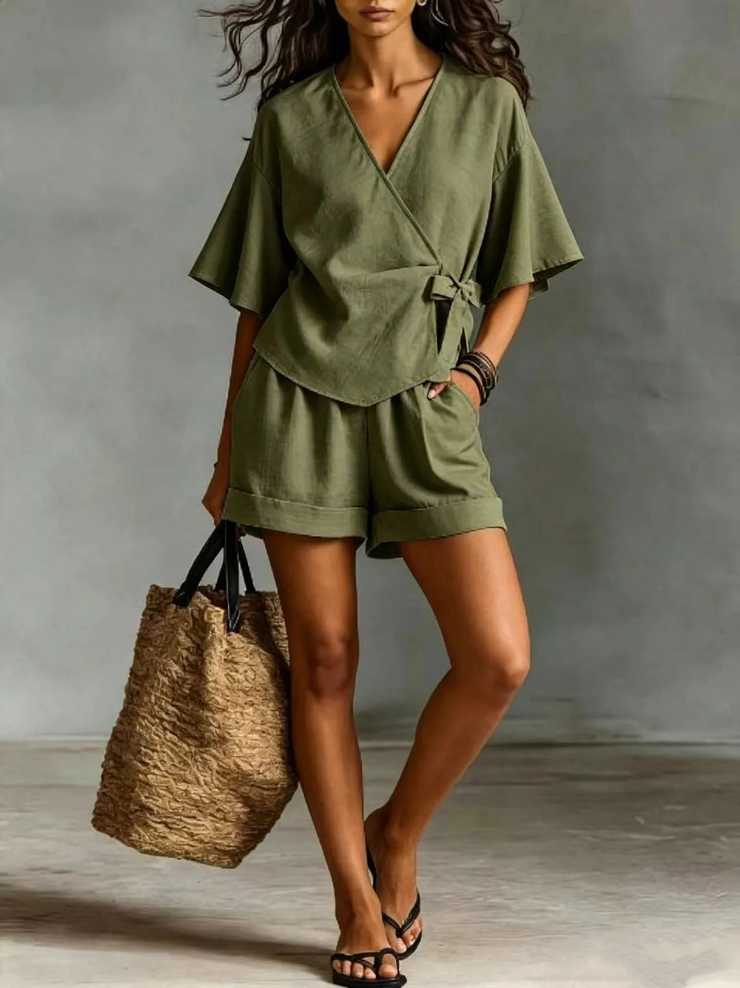 Narisa Casual V Neck Shorts Set